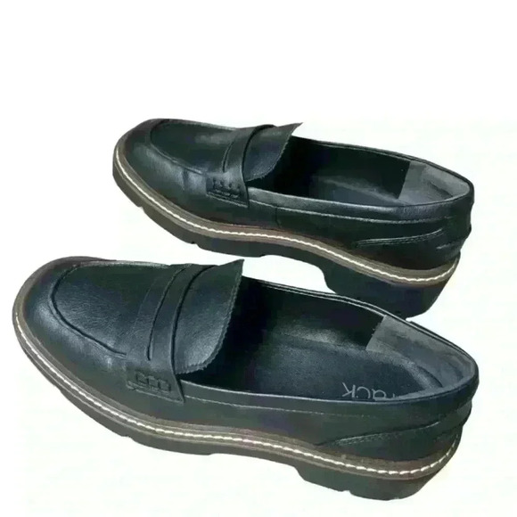 Nordstrom Rack Chunky Black Leather Lug Sole Penny Loafer Women Size 8M Platform - Picture 1 of 7